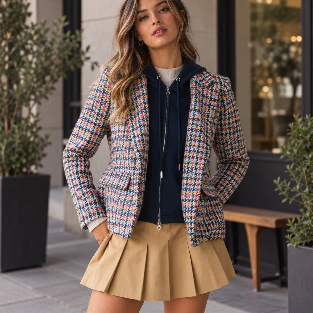 Anthropologie Blazer Womens XS Multi Color Dickie Houndstooth Wool Blend Hooded